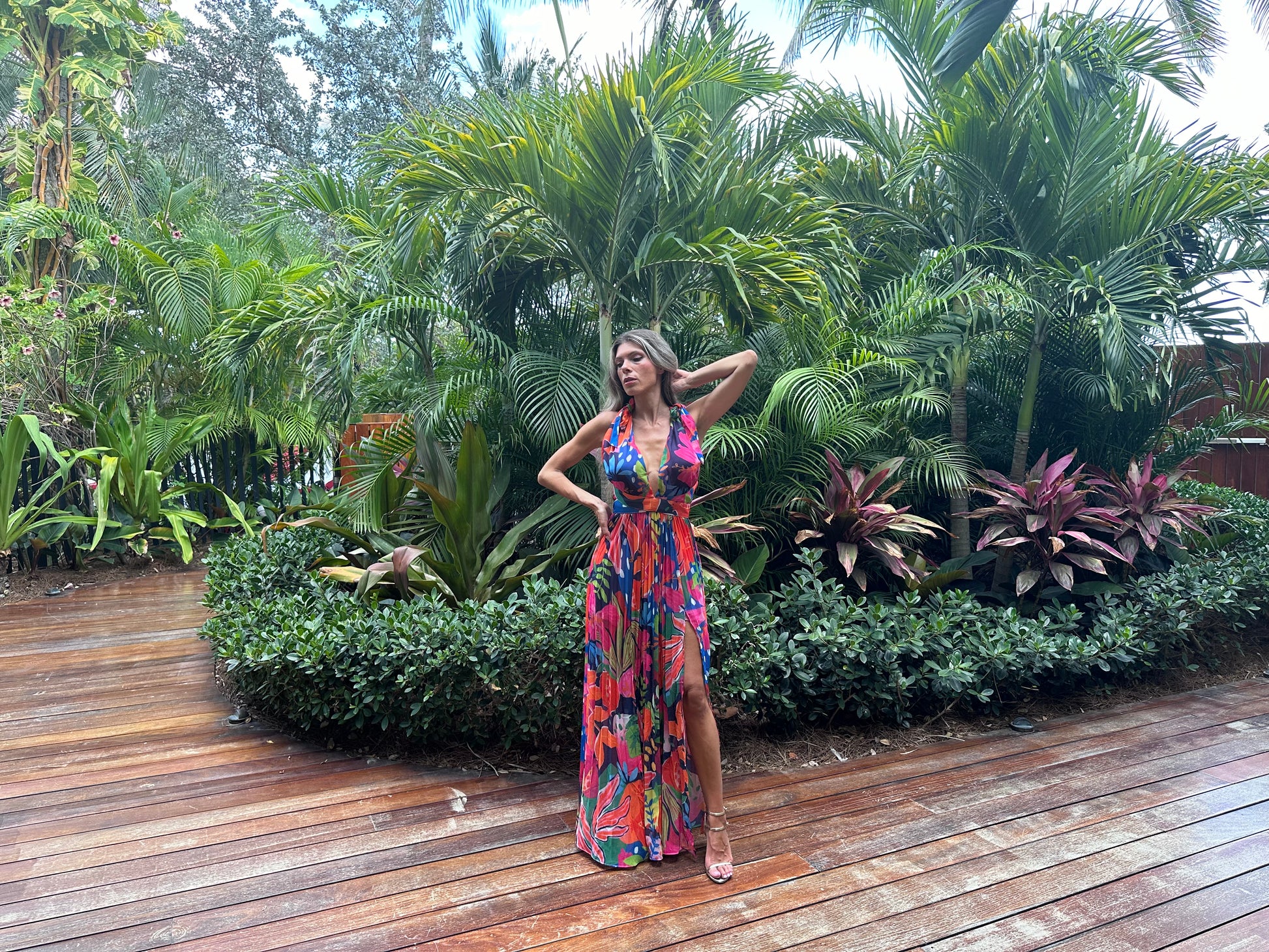 Sexy long tropical floral multiclor pleated slit and backless dress, multicoloured Miami vacation for date wedding outing party outfit