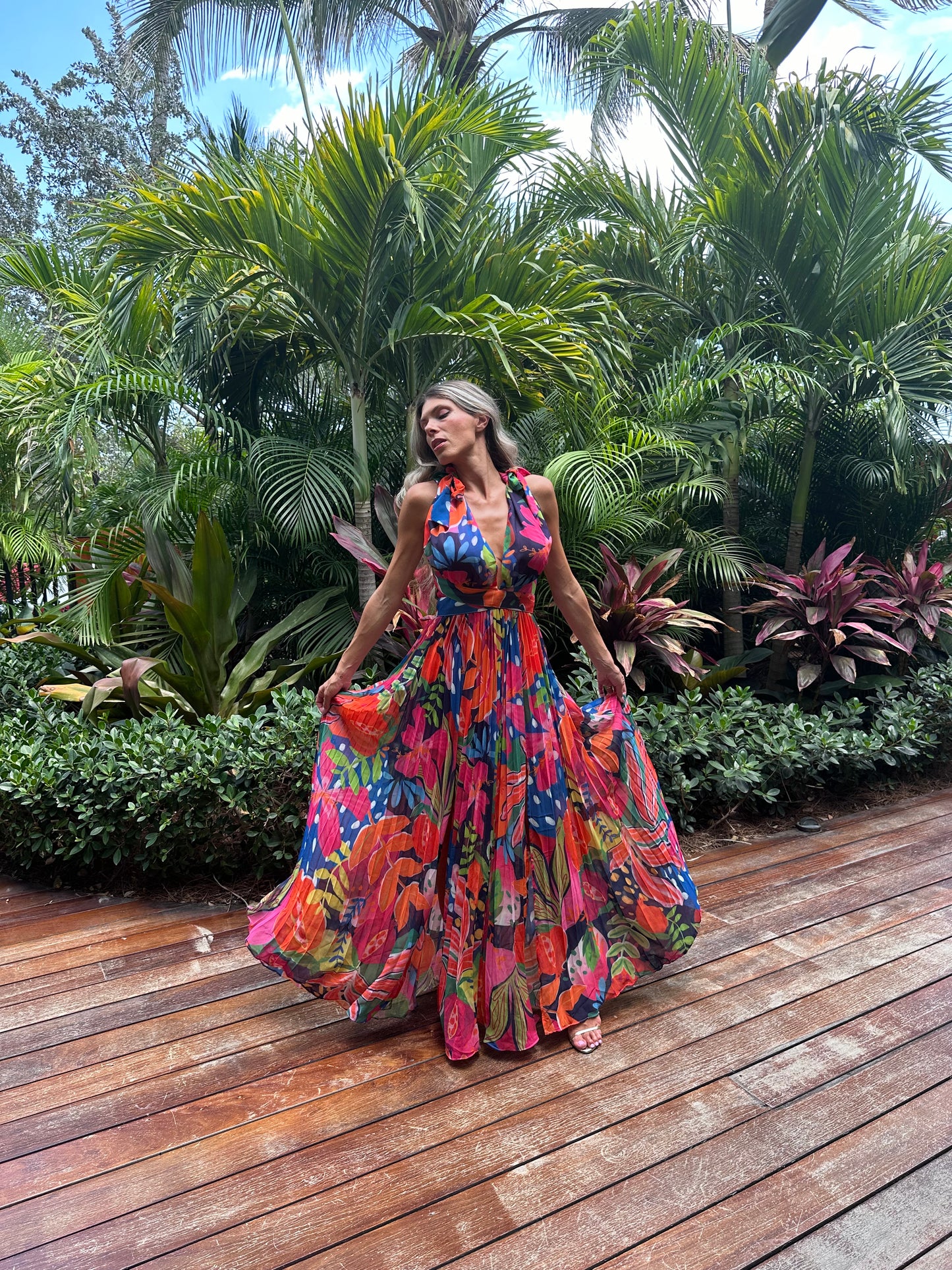 Sexy long tropical floral multiclor pleated slit and backless dress, multicoloured Miami vacation for date wedding outing party dress