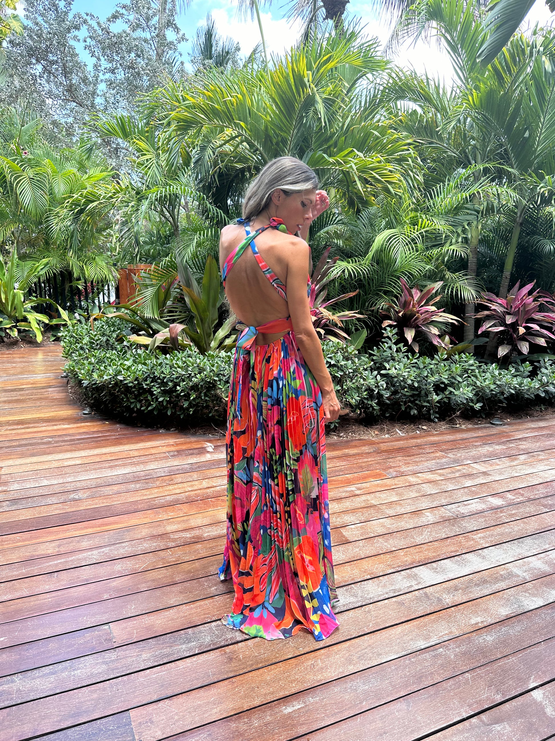 Sexy long tropical floral multiclor pleated slit and backless dress, multicoloured Miami vacation for date wedding outing