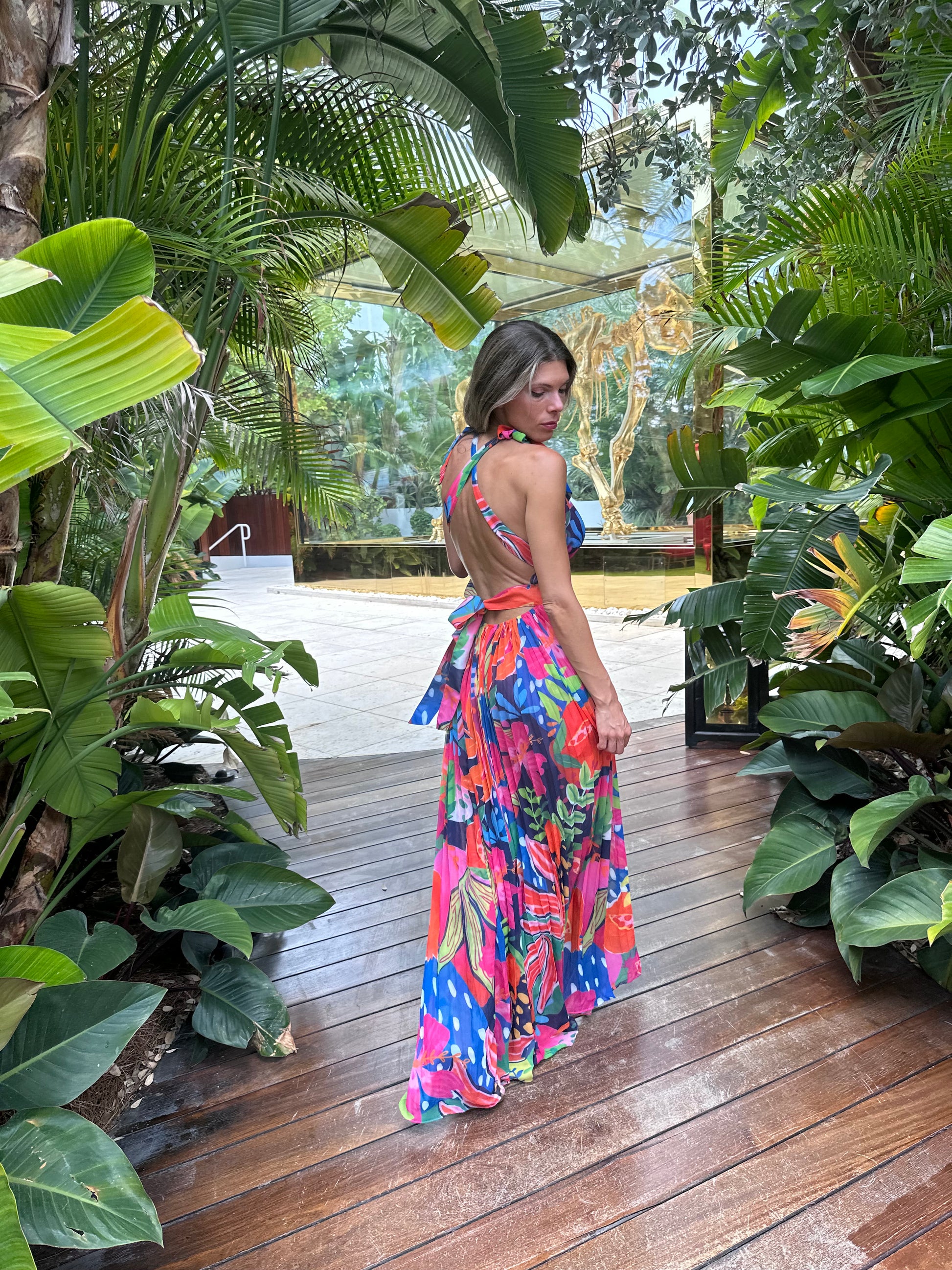 Sexy long tropical floral multiclor pleated slit and backless dress, multicoloured Miami vacation for date wedding outing