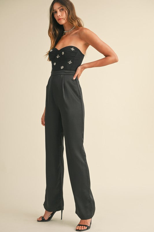 Evangeline Jewel Chiffon Satin Jumpsuit