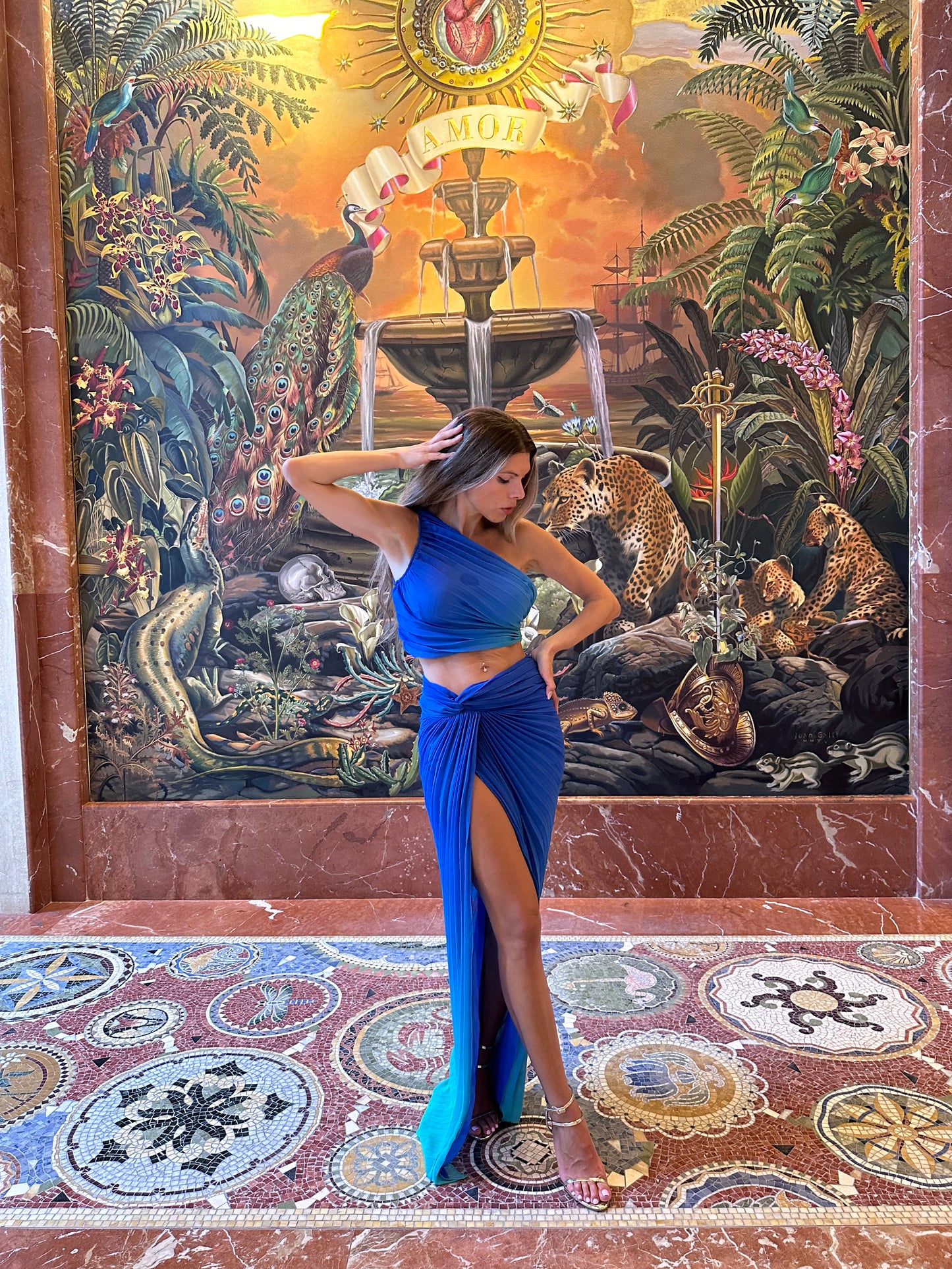 Sexy Blue ombre pleated resort set, top and skirt for date and party in Miami vacation Faena hotel