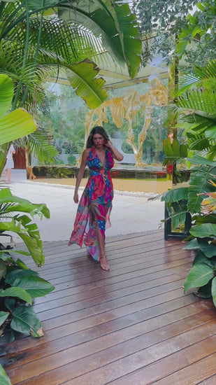 Sexy long tropical floral multiclor pleated slit and backless dress, multicoloured Miami vacation for date wedding outing